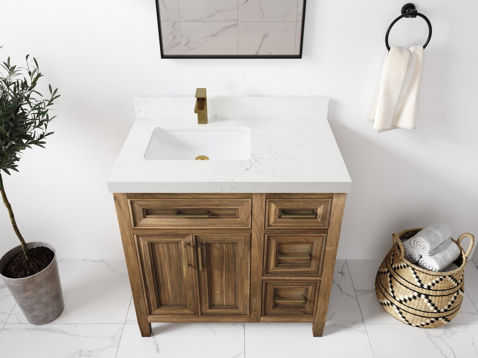 Santa Monica Teak Wood 36 in. W x 22 in. D Left Offset Sink Bathroom Vanity