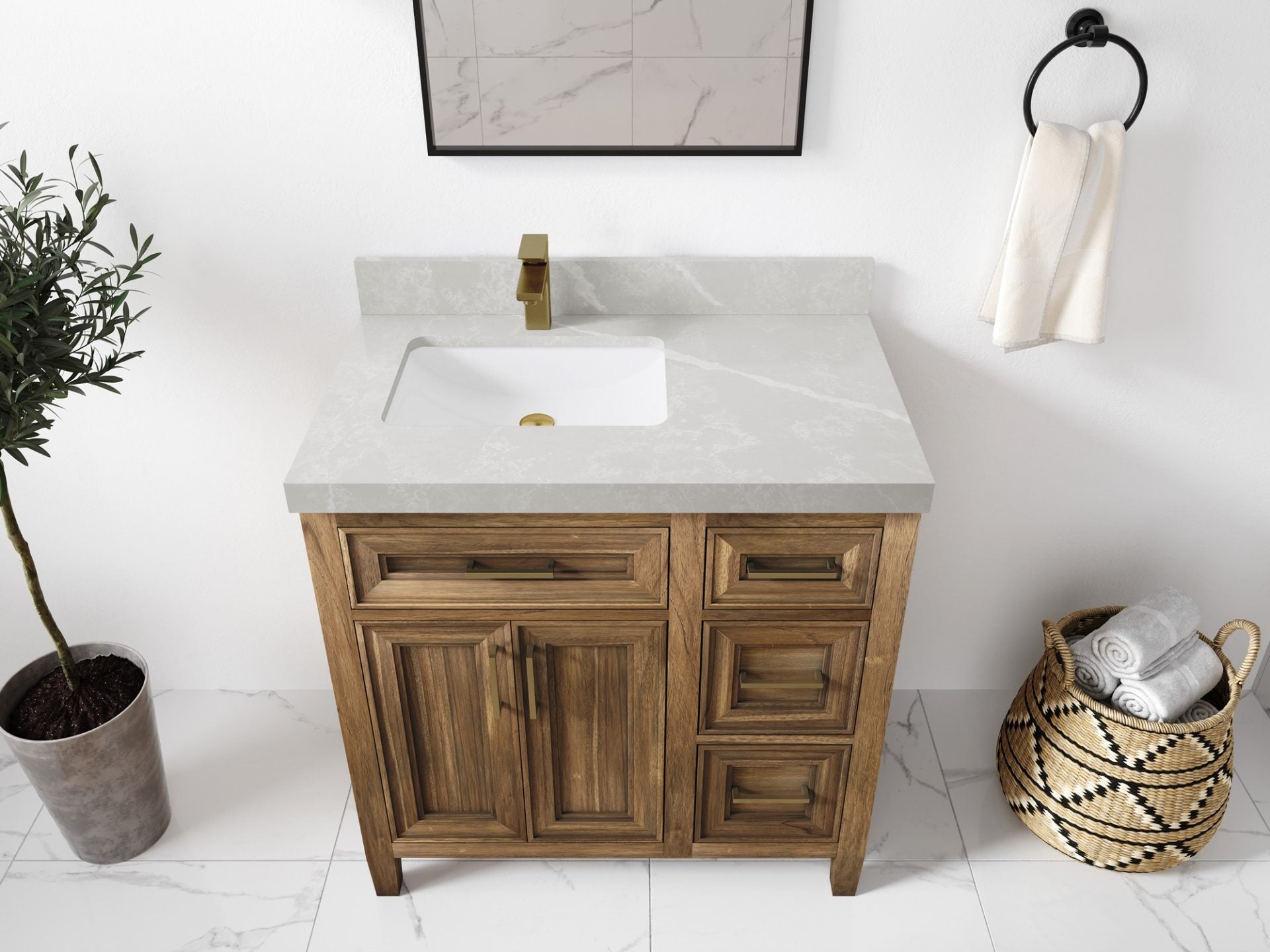 Santa Monica Teak Wood 36 in. W x 22 in. D Left Offset Sink Bathroom Vanity