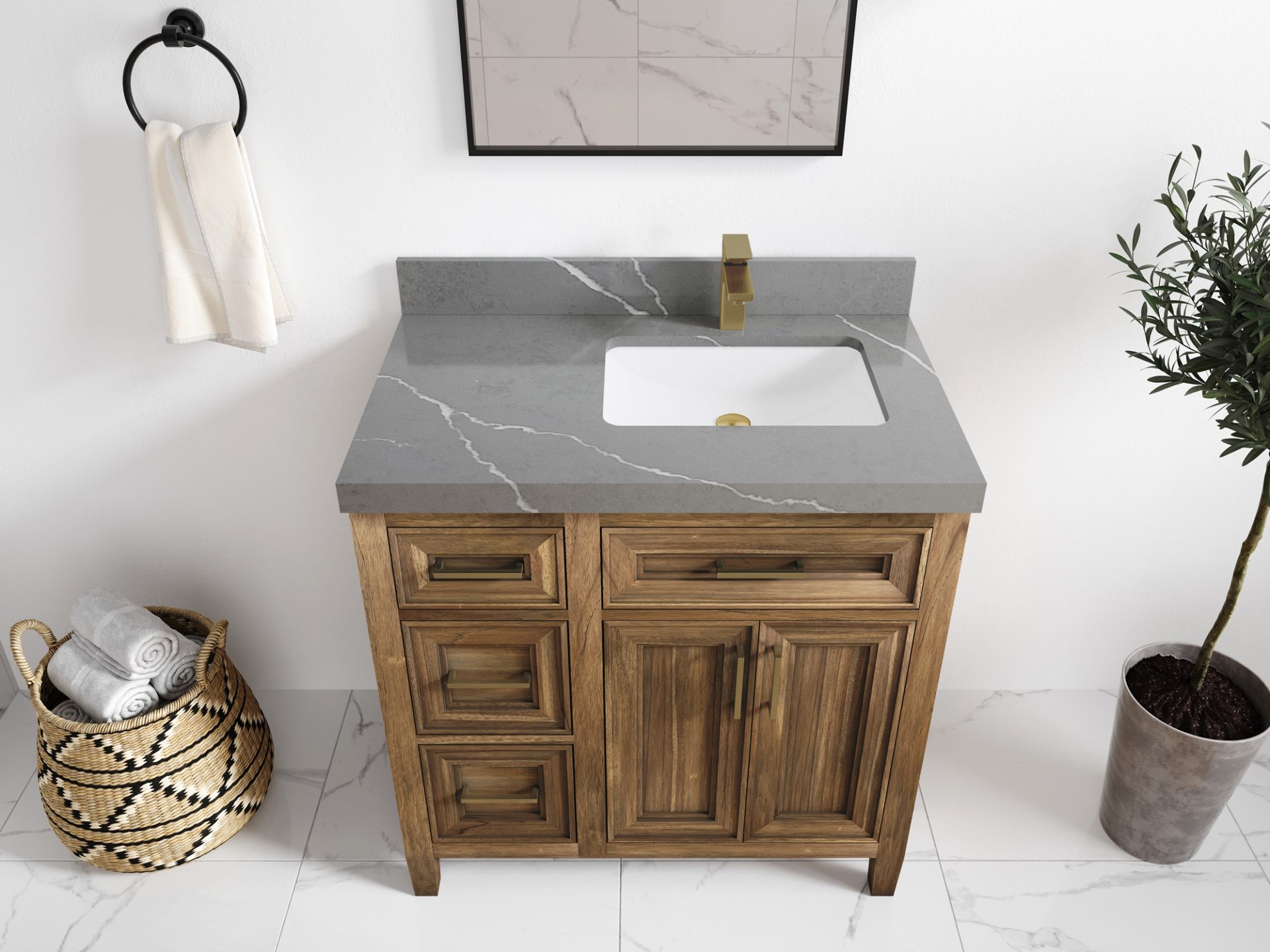 Santa Monica Teak Wood 36 in. W x 22 in. D Right Offset Sink Bathroom Vanity