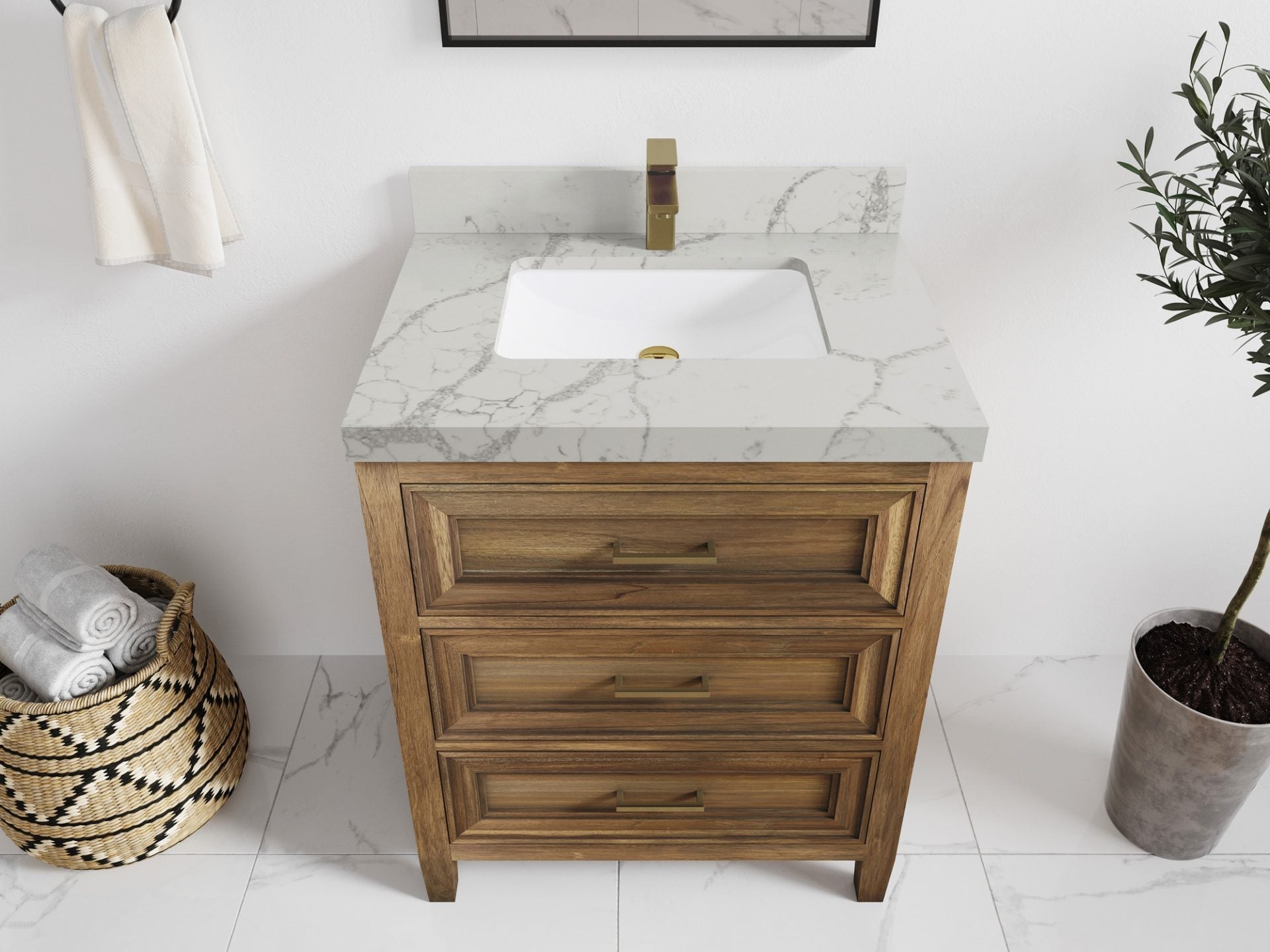 Santa Monica Teak 30 in. W x 22 in. D Single Sink Bathroom Vanity in Distressed Graywashed with 2 in Venatino Quartz Countertop - Top View