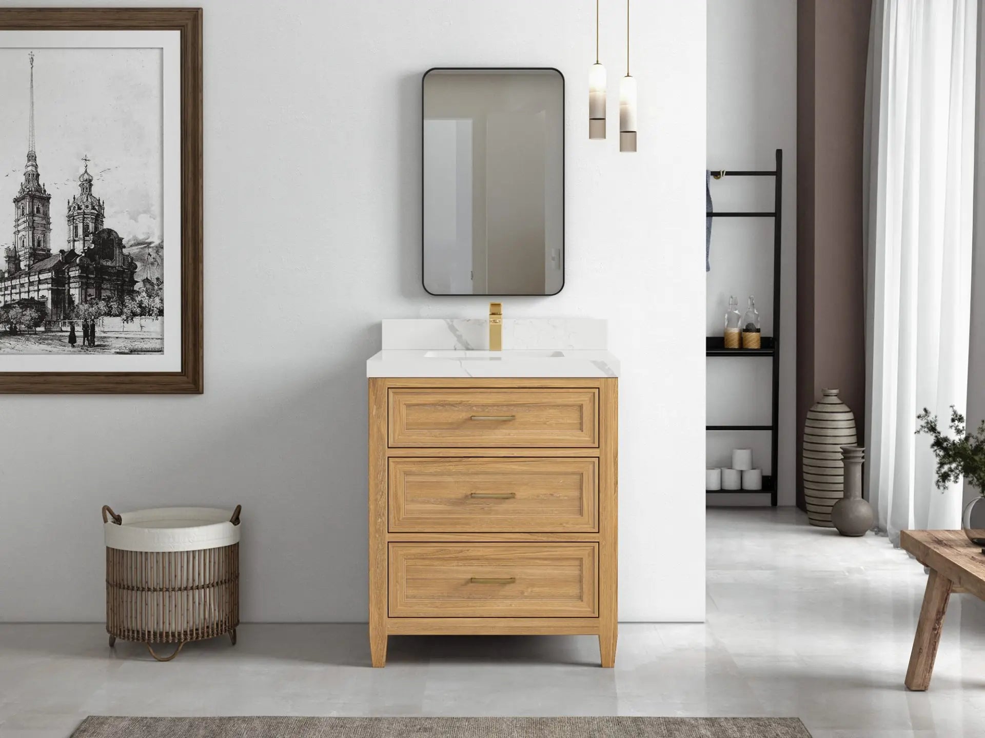 Santa Monica Teak 30 in. W x 22 in. D Single Sink Bathroom Vanity in Light Natural with Countertop - Side View Open Drawer