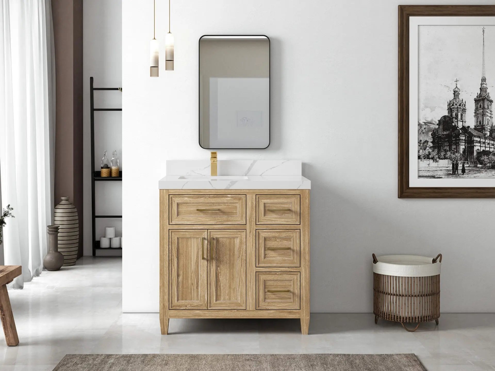 Santa Monica Teak Wood 36 in. W x 22 in. D Left Offset Sink Bathroom Vanity