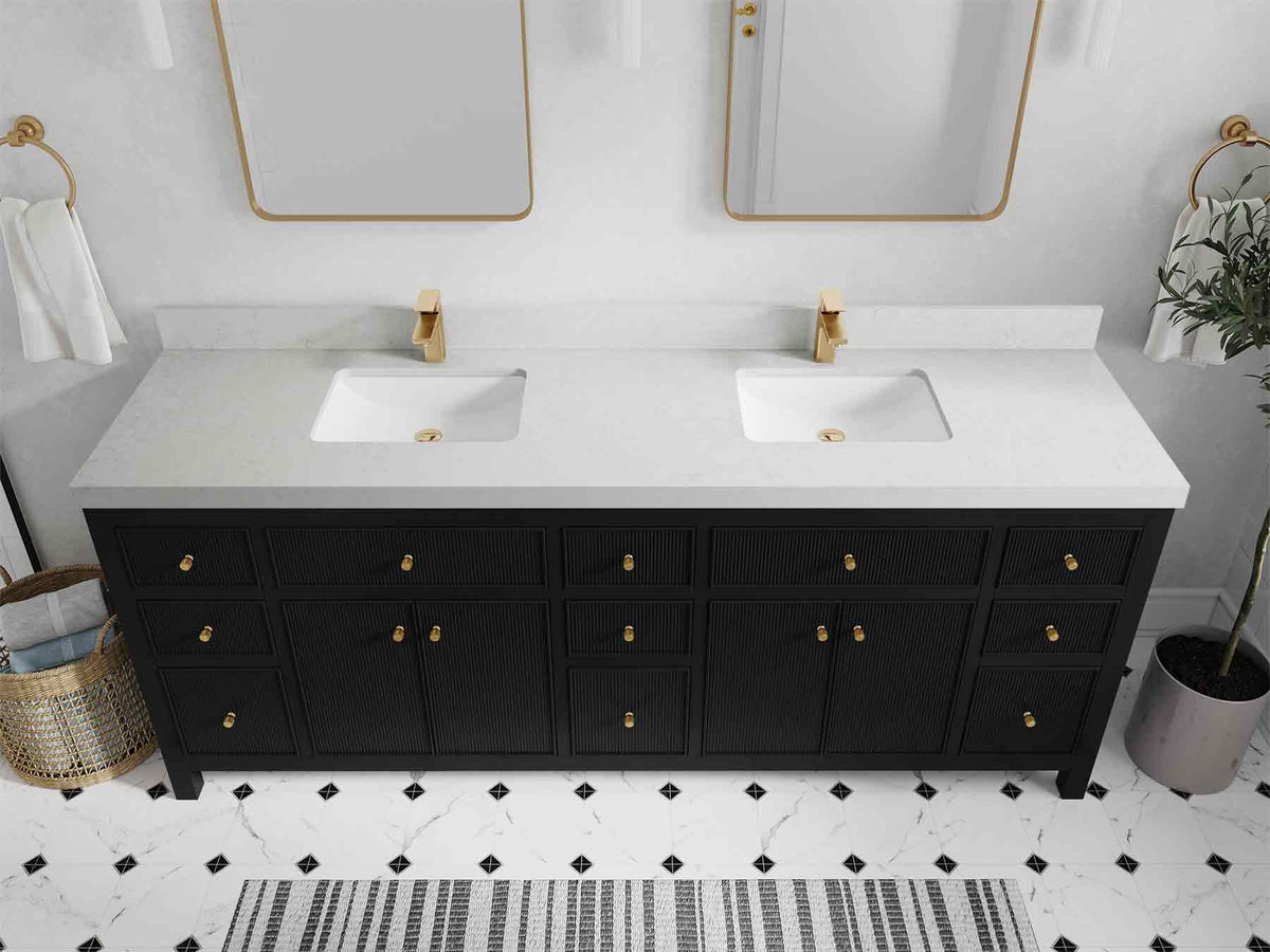 Sonoma 84 Black vanity with Carrara Quartz, Straight / Mitered, top view