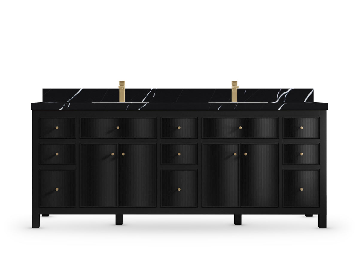 Sonoma 84 Black vanity with Calacatta Black Quartz, Straight / Mitered, front view