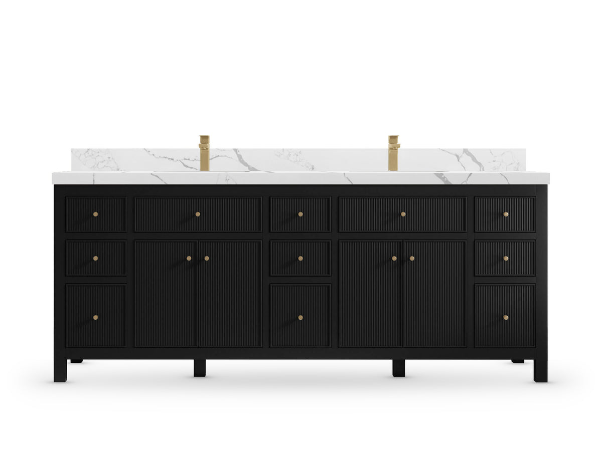 Sonoma 84 Black vanity with Calacatta Laza Quartz, Straight / Mitered, front view