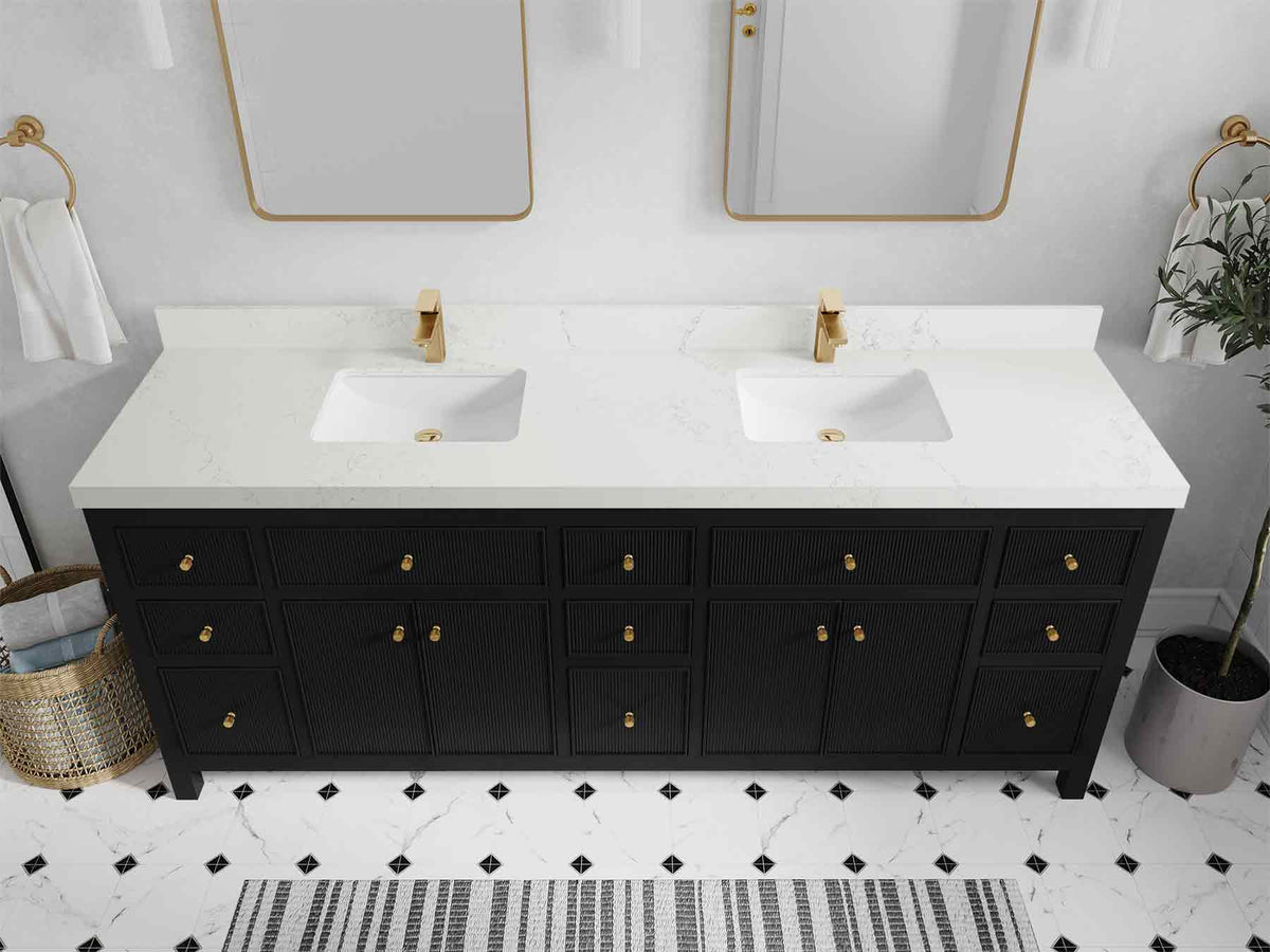 Sonoma 84 Black vanity with Empira White Quartz, Straight / Mitered, top view