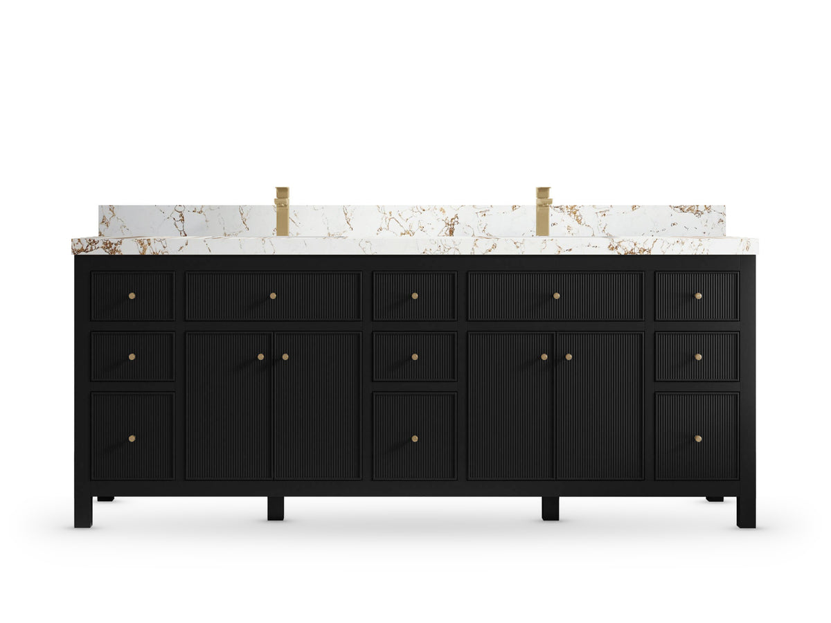 Sonoma 84 Black vanity with Viola Gold Quartz, Straight / Mitered, front view