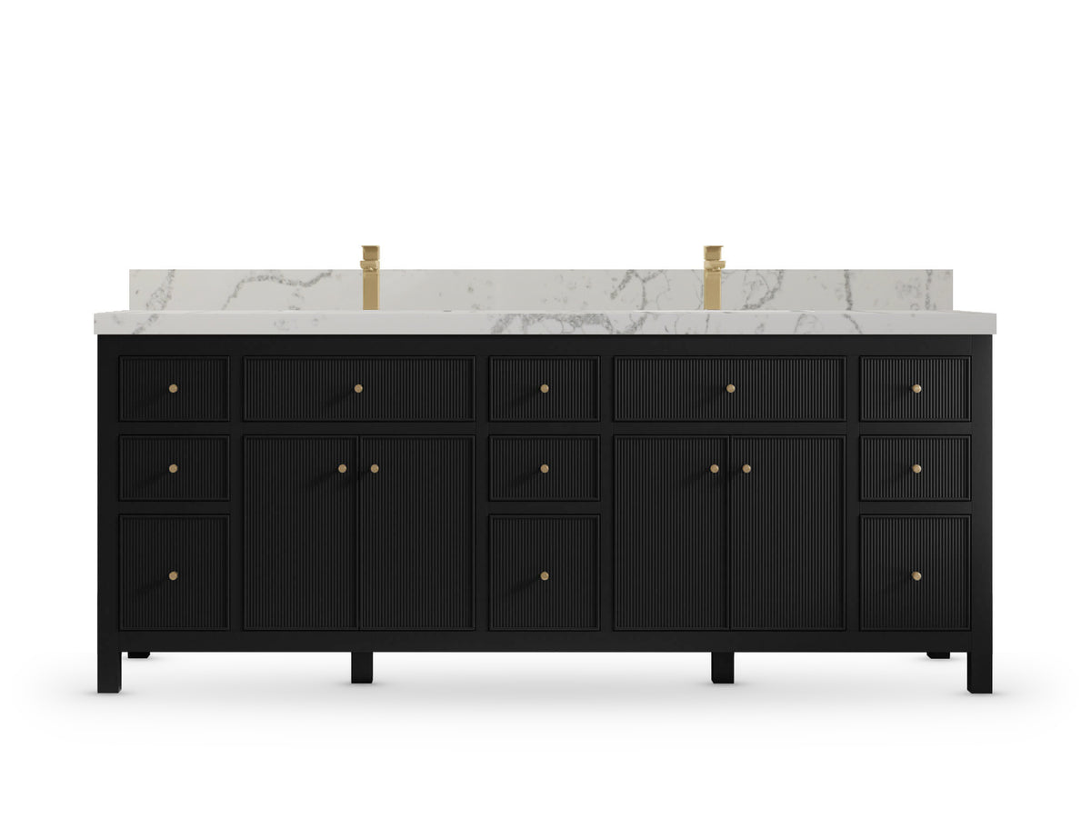 Sonoma 84 Black vanity with Venatino Quartz, Straight / Mitered, front view