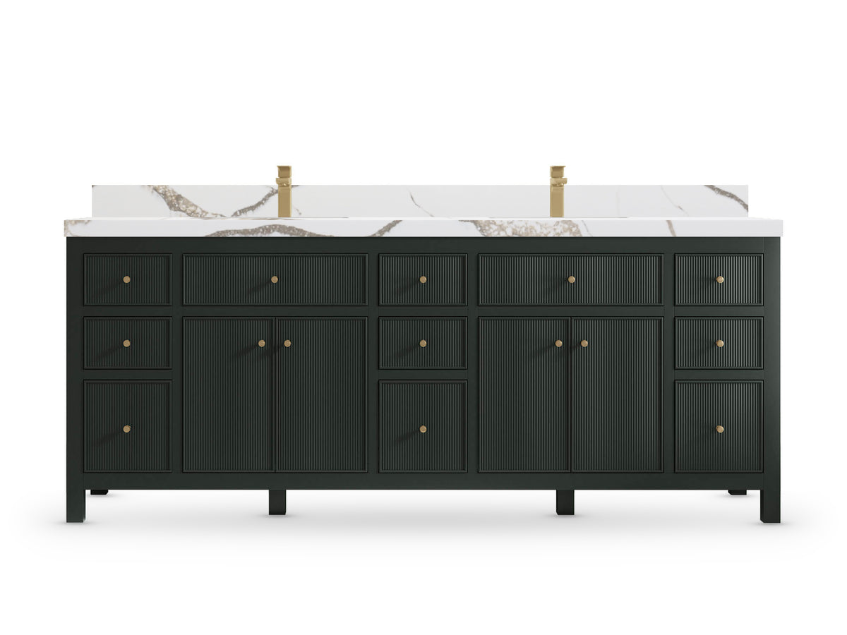 Sonoma84 Dark Forest Green vanity with Calacatta Gold Quartz, Straight / Mitered, front view
