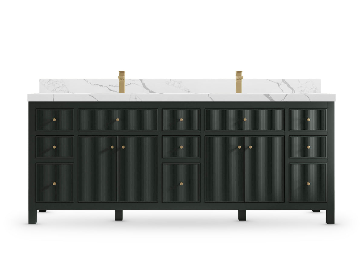 Sonoma84 Dark Forest Green vanity with Calacatta Laza Quartz, Straight / Mitered, front view