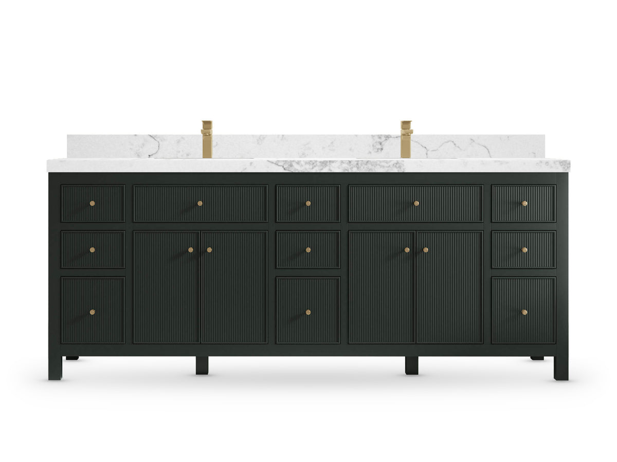 Sonoma84 Dark Forest Green vanity with Calacatta Nuvo Quartz, Straight / Mitered, front view