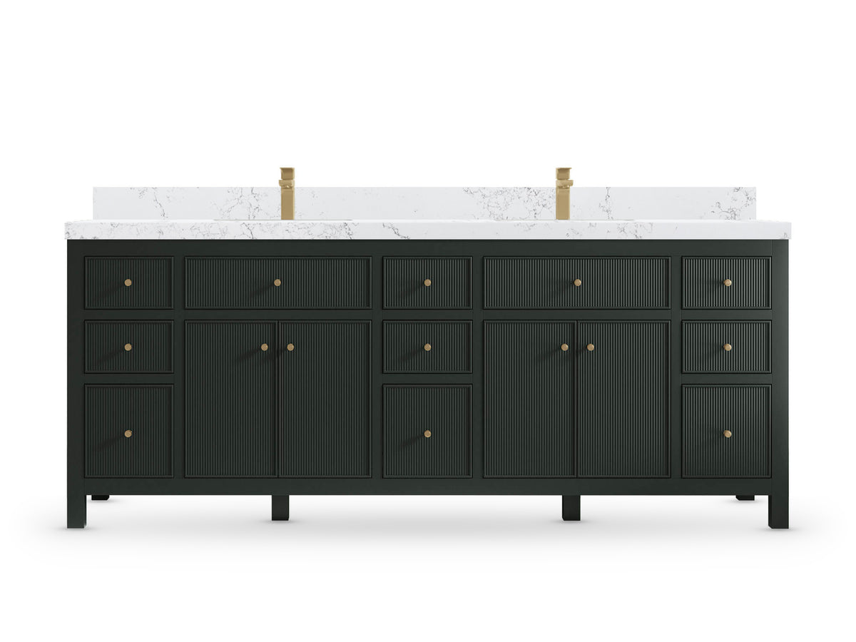 Sonoma84 Dark Forest Green vanity with Empira White Quartz, Straight / Mitered, front view
