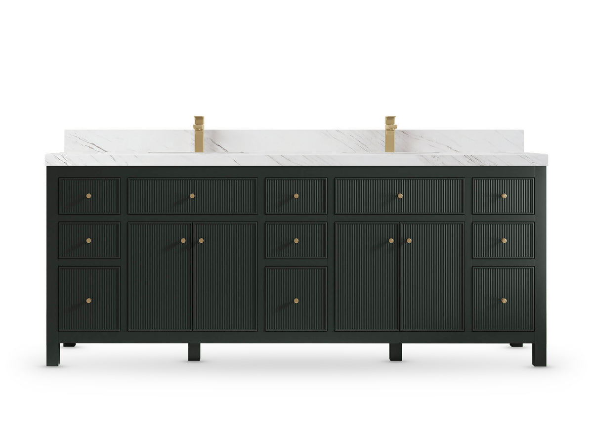 Sonoma84 Dark Forest Green vanity with Palissandro Quartz, Straight / Mitered, front view