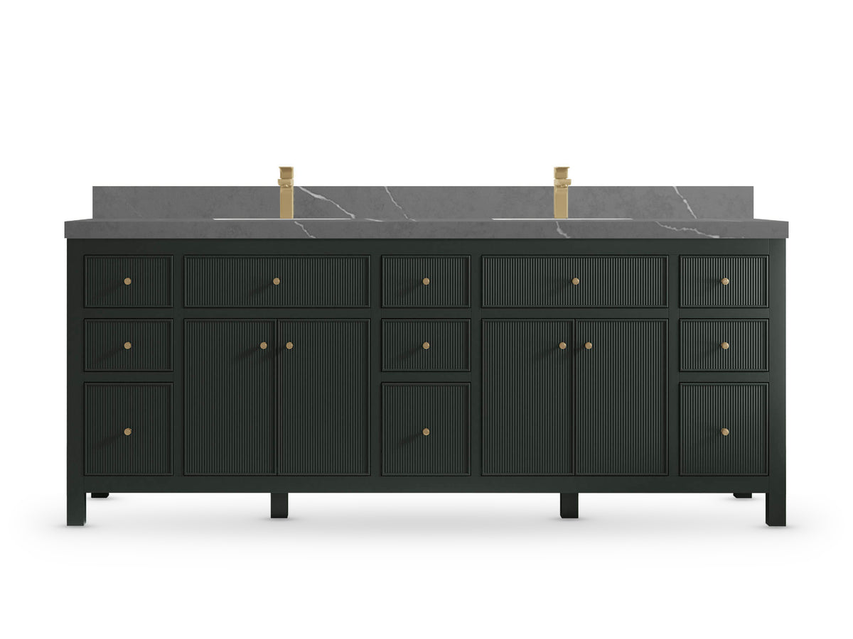 Sonoma84 Dark Forest Green vanity with Piatra Gray Quartz, Straight / Mitered, front view
