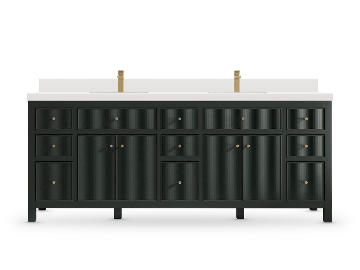 Sonoma84 Dark Forest Green vanity with White Quartz, Straight / Mitered, front view