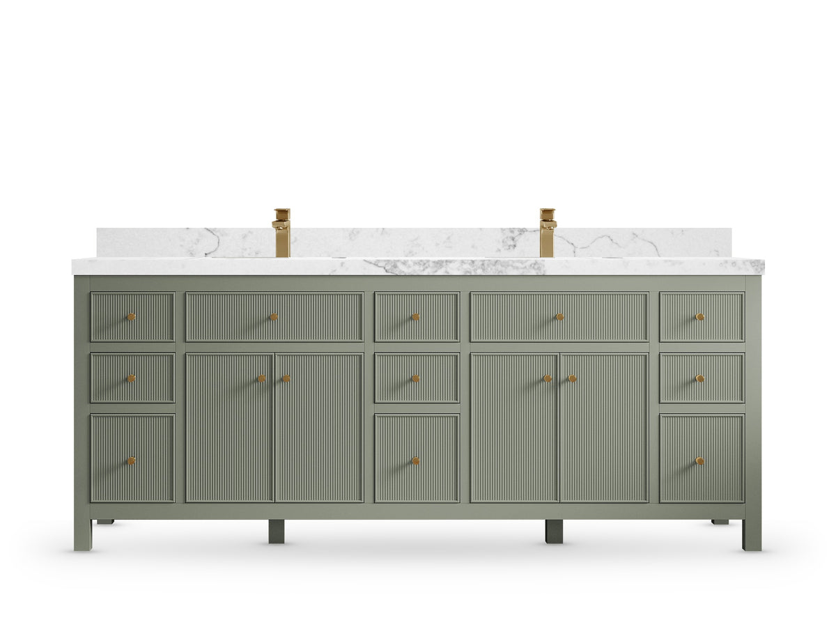 Sonoma84 Evergreen vanity with Calacatta Nuvo Quartz, Straight / Mitered, front view
