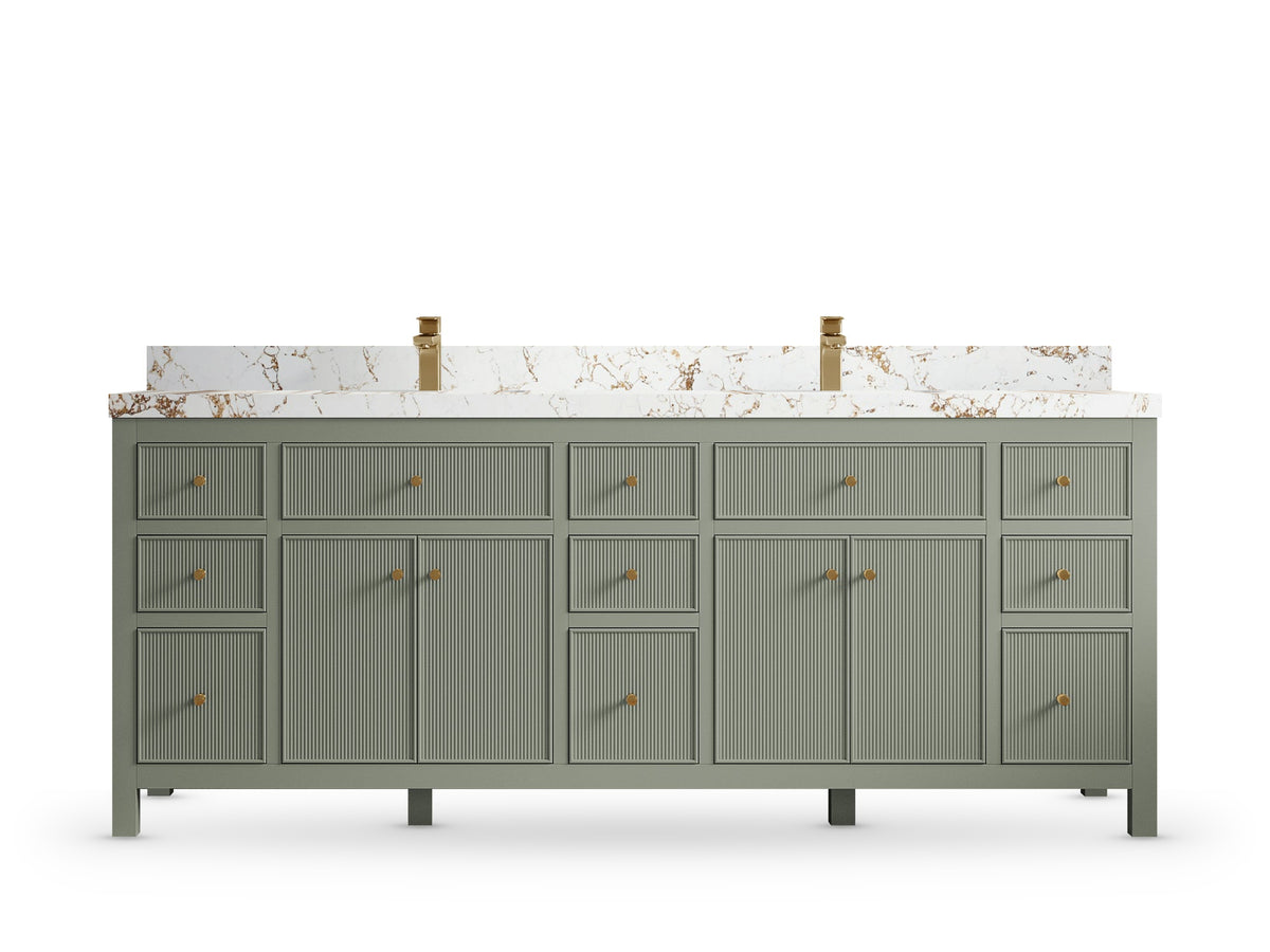 Sonoma84 Evergreen vanity with Viola Gold Quartz, Straight / Mitered, front view