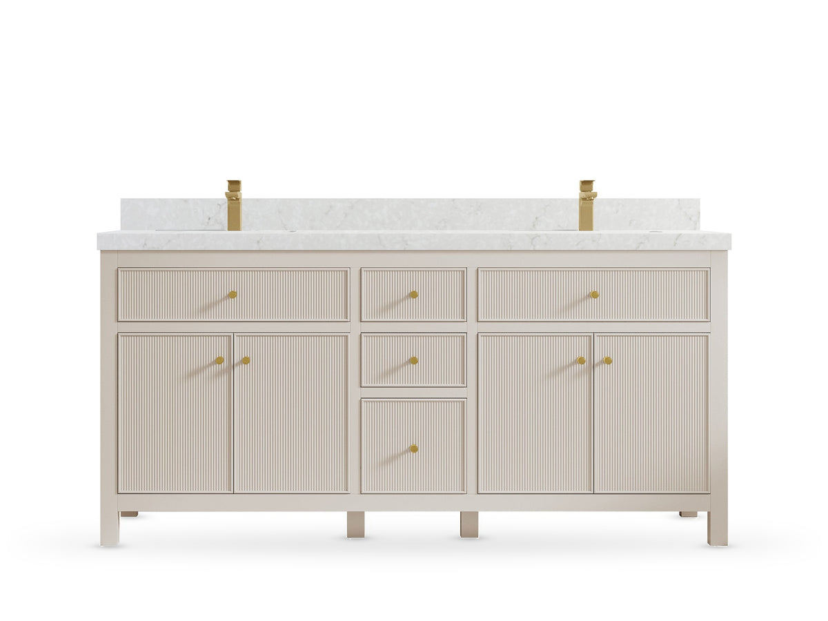 Sonoma 72 inch Fine Grain Linen Beige double vanity with Frosty Carrara Quartz countertop, front view