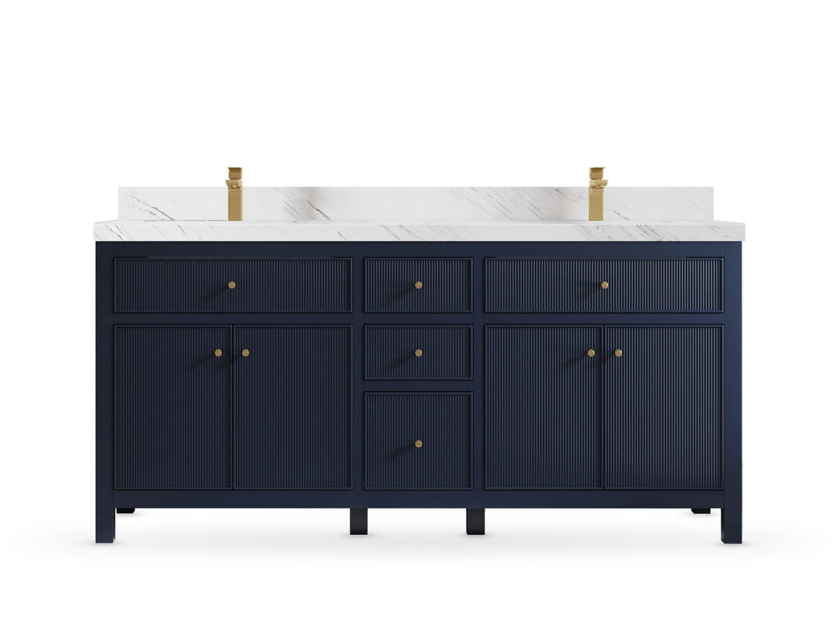 Sonoma 72 inch Hale Navy Blue double vanity with Palissandro Quartz countertop, front view