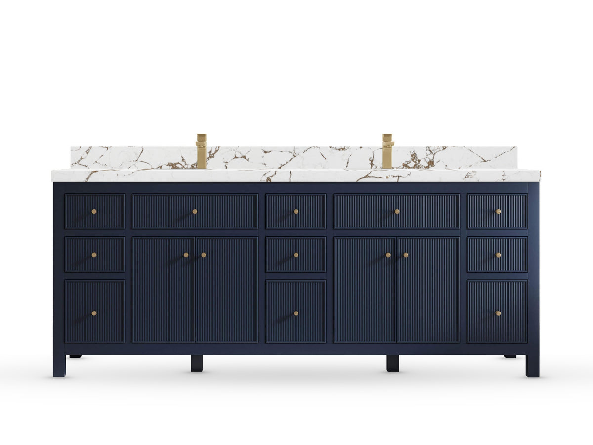 Sonoma84 Hale Navy Blue vanity with Viola Brown Quartz, Straight / Mitered, front view