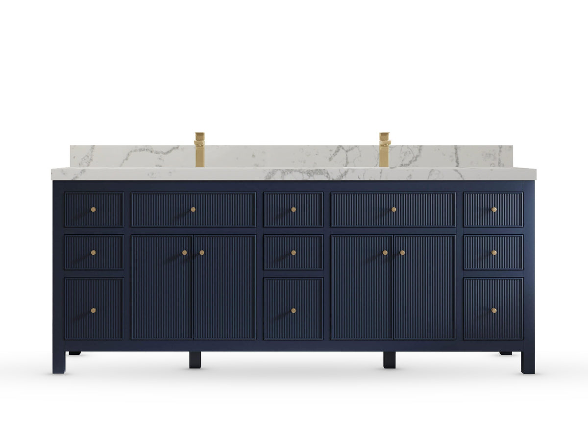 Sonoma84 Hale Navy Blue vanity with Venatino Quartz, Straight / Mitered, front view