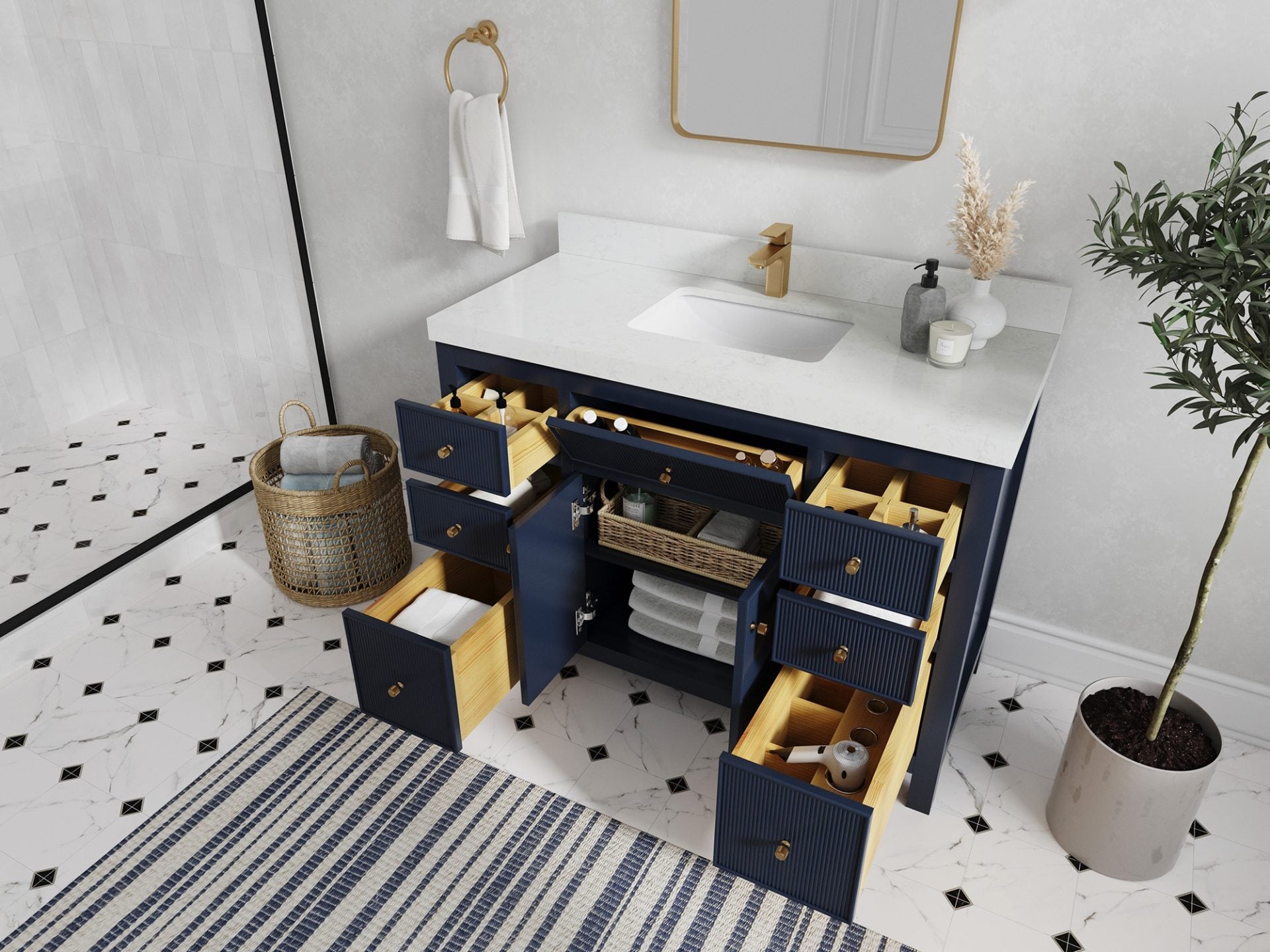 Sonoma 48 in. W x 22 in. D Single Sink Bathroom Vanity in Hale Navy Blue with countertop - Side View Open Drawer