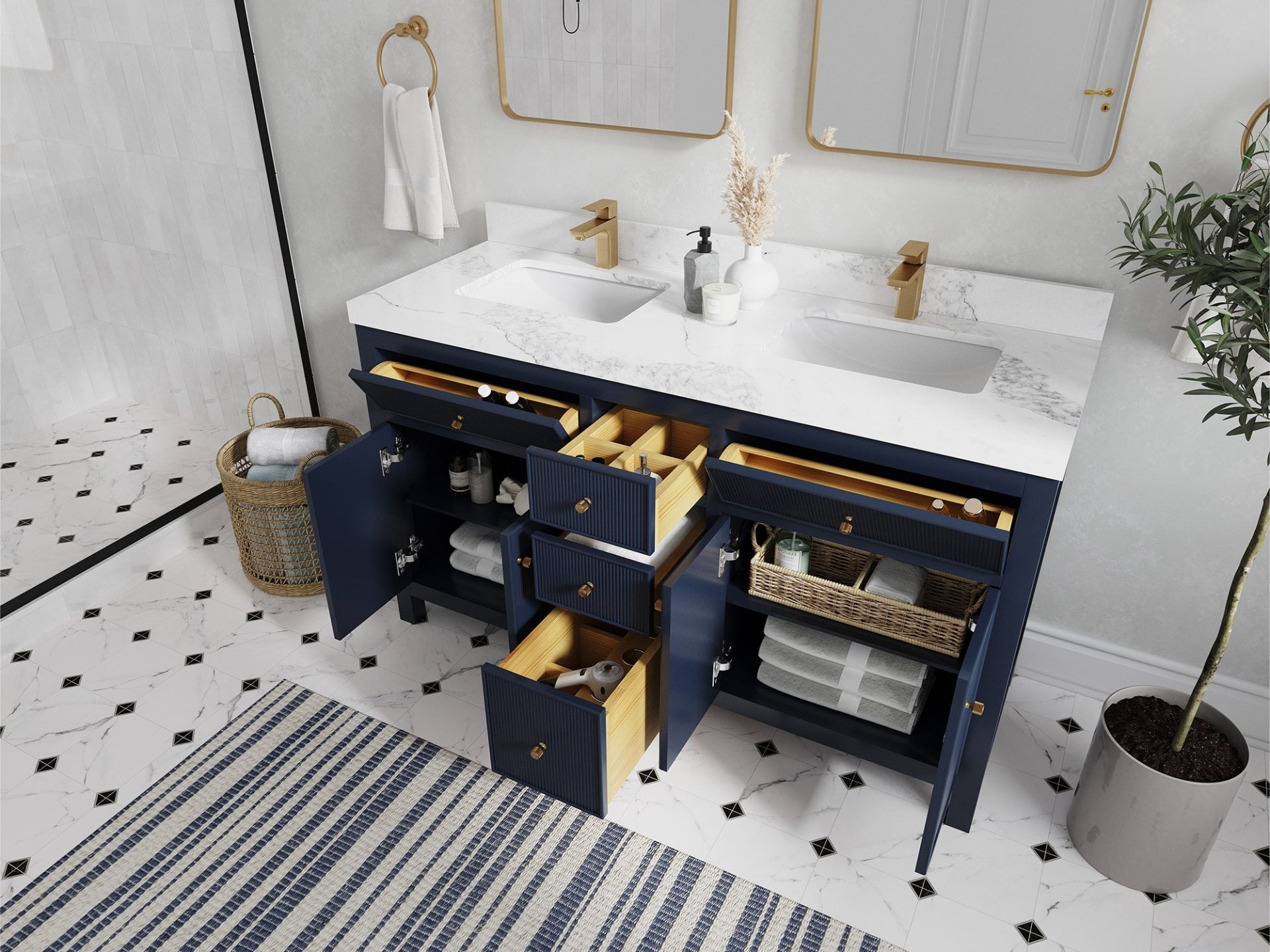 Sonoma 60 in W x 22 in D Free Standing Reeded Double Sink Bathroom Vanity