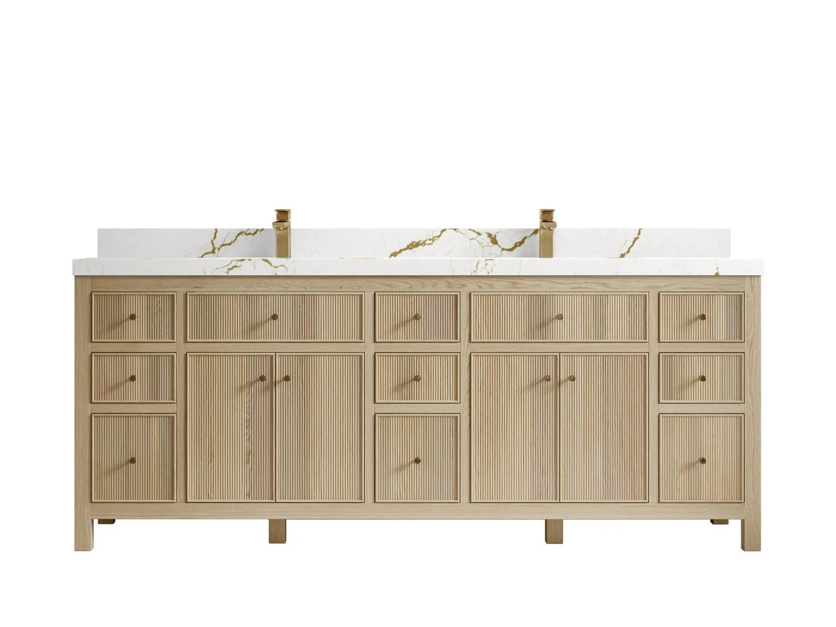 Sonoma 84 inch Nordic White Oak vanity with Berkshire Brass Quartz, Straight / Mitered, front view