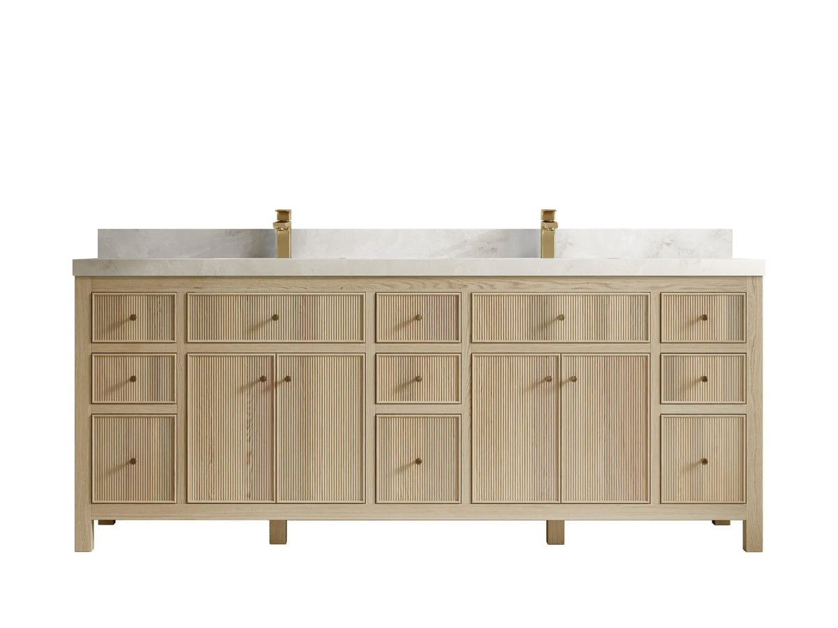Sonoma 84 inch Nordic White Oak vanity with Onyx Quartz, Straight / Mitered, front view