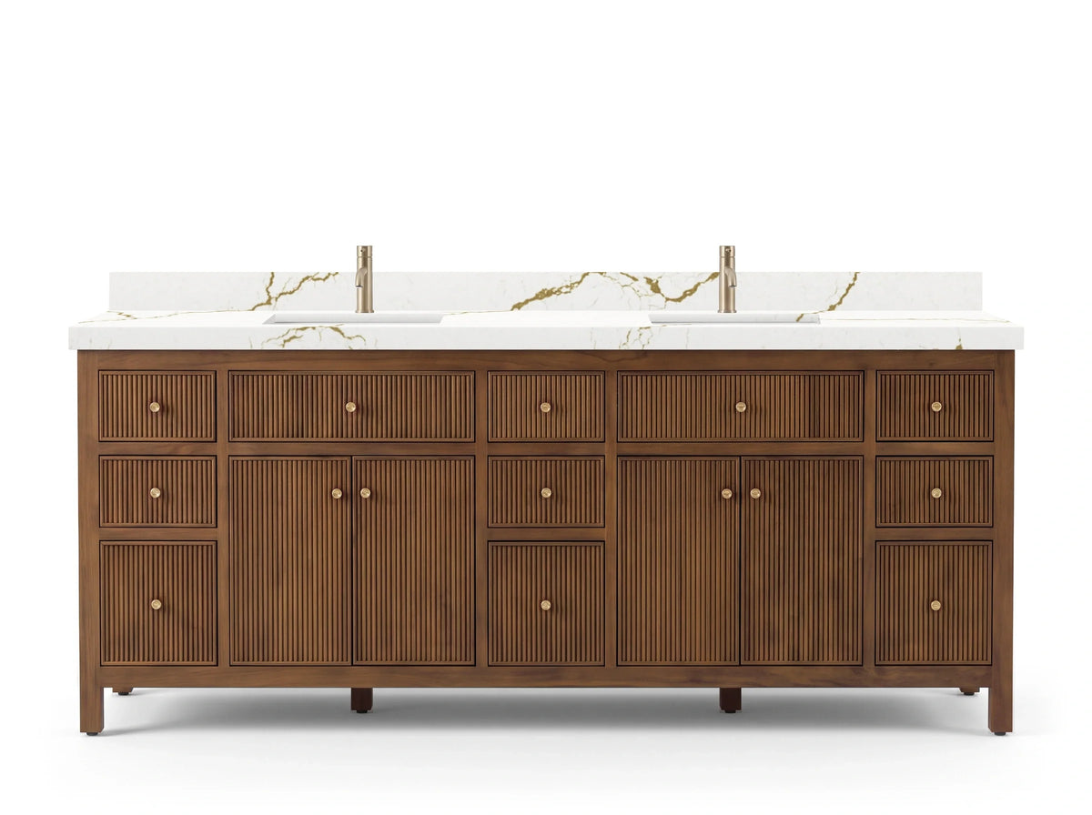 Sonoma 84 inch Dark Natural Teak vanity with Berkshire Brass Quartz, Straight / Mitered, front view