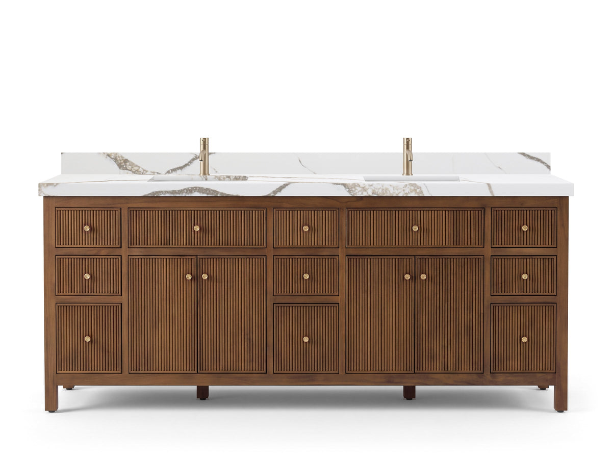 Sonoma 84 inch Dark Natural Teak vanity with Calacatta Gold Quartz, Straight / Mitered, front view