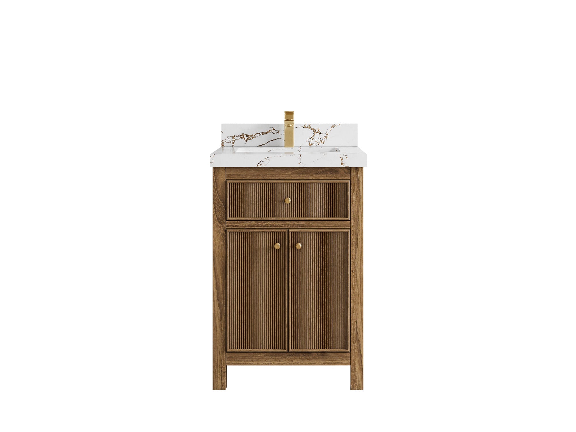 Sonoma Teak Wood 24-inch bathroom vanity in Dark Natural Teak with Viola Brown Quartz countertop, faucet view