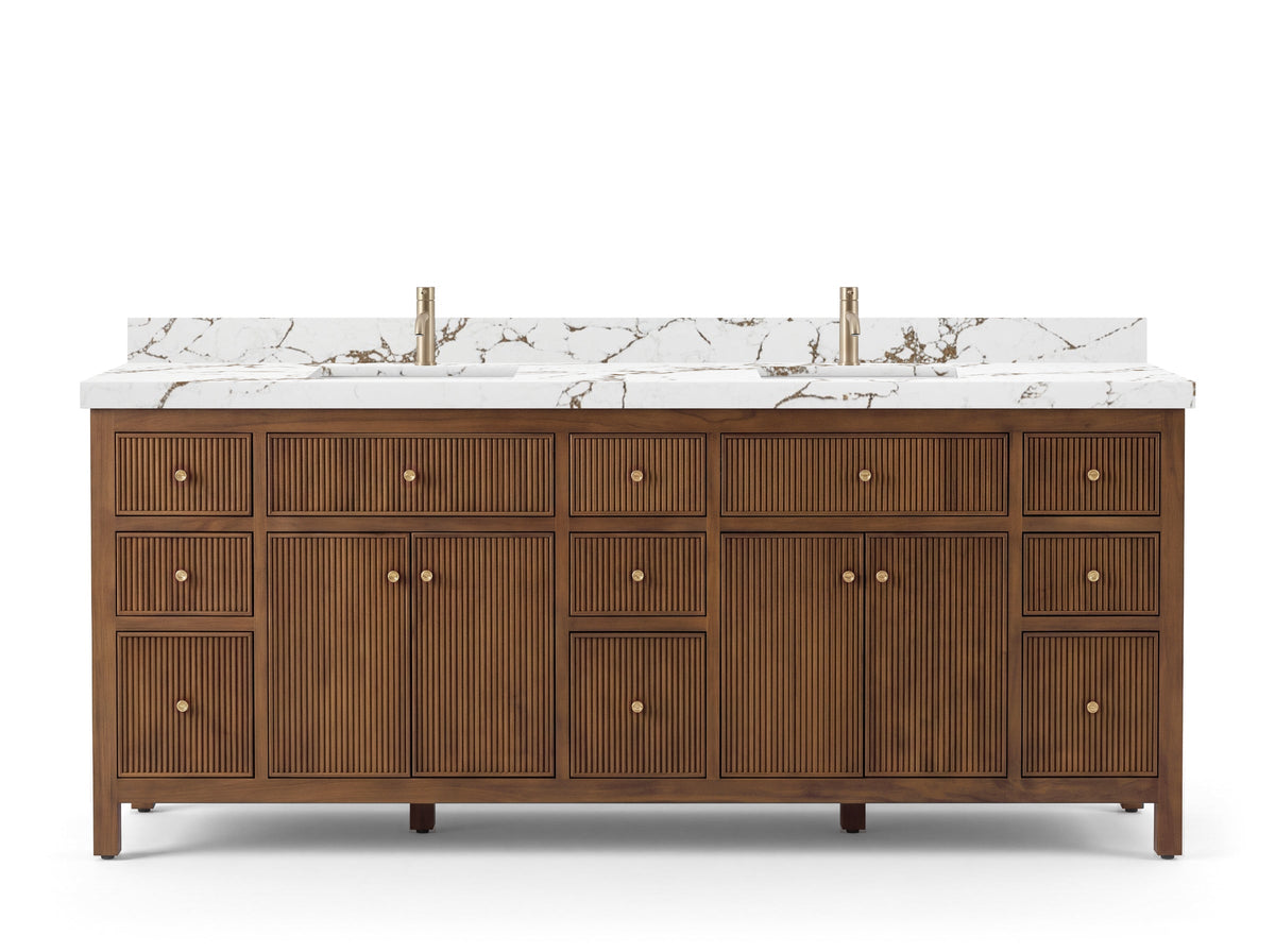 Sonoma 84 inch Dark Natural Teak vanity with Viola Brown Quartz, Straight / Mitered, front view
