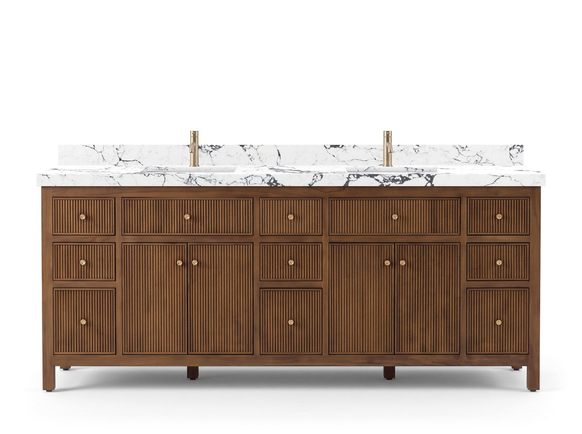 Sonoma 84 inch Dark Natural Teak vanity with Viola Night Quartz, Straight / Mitered, front view