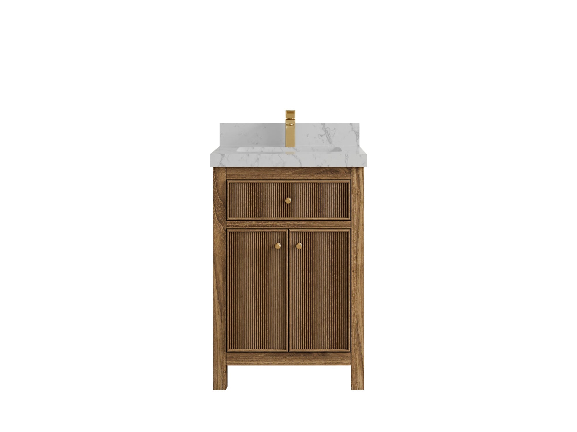Sonoma Teak Wood 24-inch bathroom vanity in Dark Natural Teak with Venatino Quartz countertop, faucet view