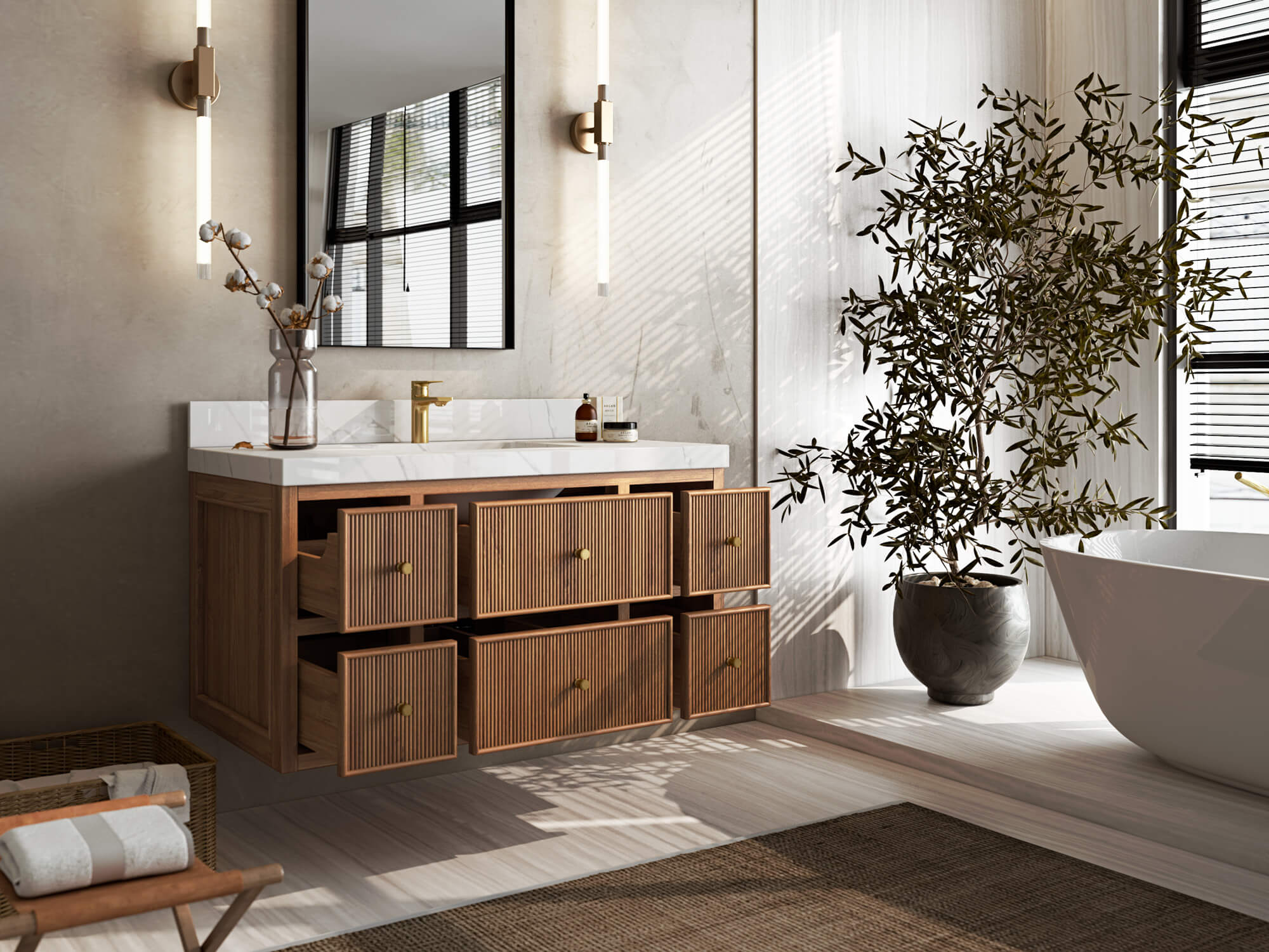 Sonoma Floating Teak 42 in. W x 22 in. D Single Sink Bathroom Vanity in Dark Natural with countertop - Side View Open
