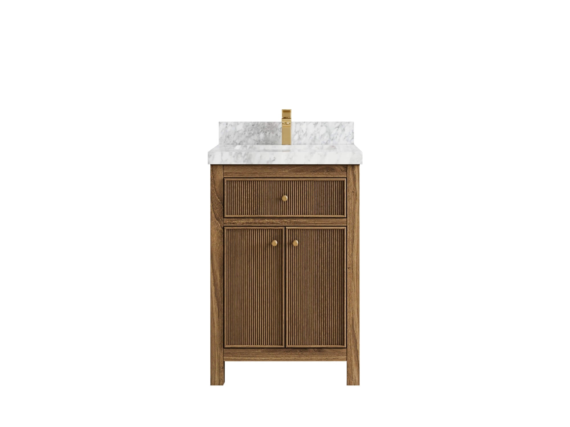 Sonoma Teak Wood 24-inch bathroom vanity in Dark Natural Teak with Carrara Marble countertop, faucet view