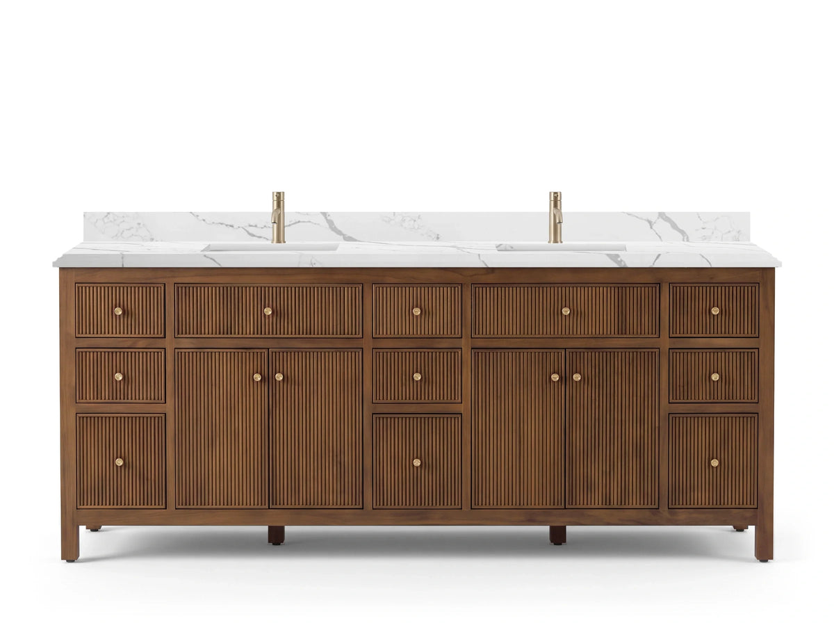Sonoma 84 inch Dark Natural Teak vanity with DC Calacatta Laza Quartz, Double Cove, front view
