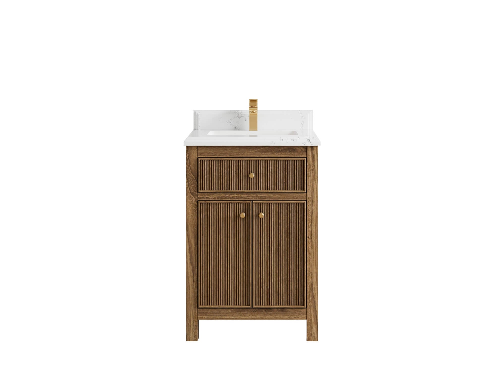 Sonoma Teak Wood 24-inch bathroom vanity in Dark Natural Teak with double-cove Empira Quartz countertop, faucet view