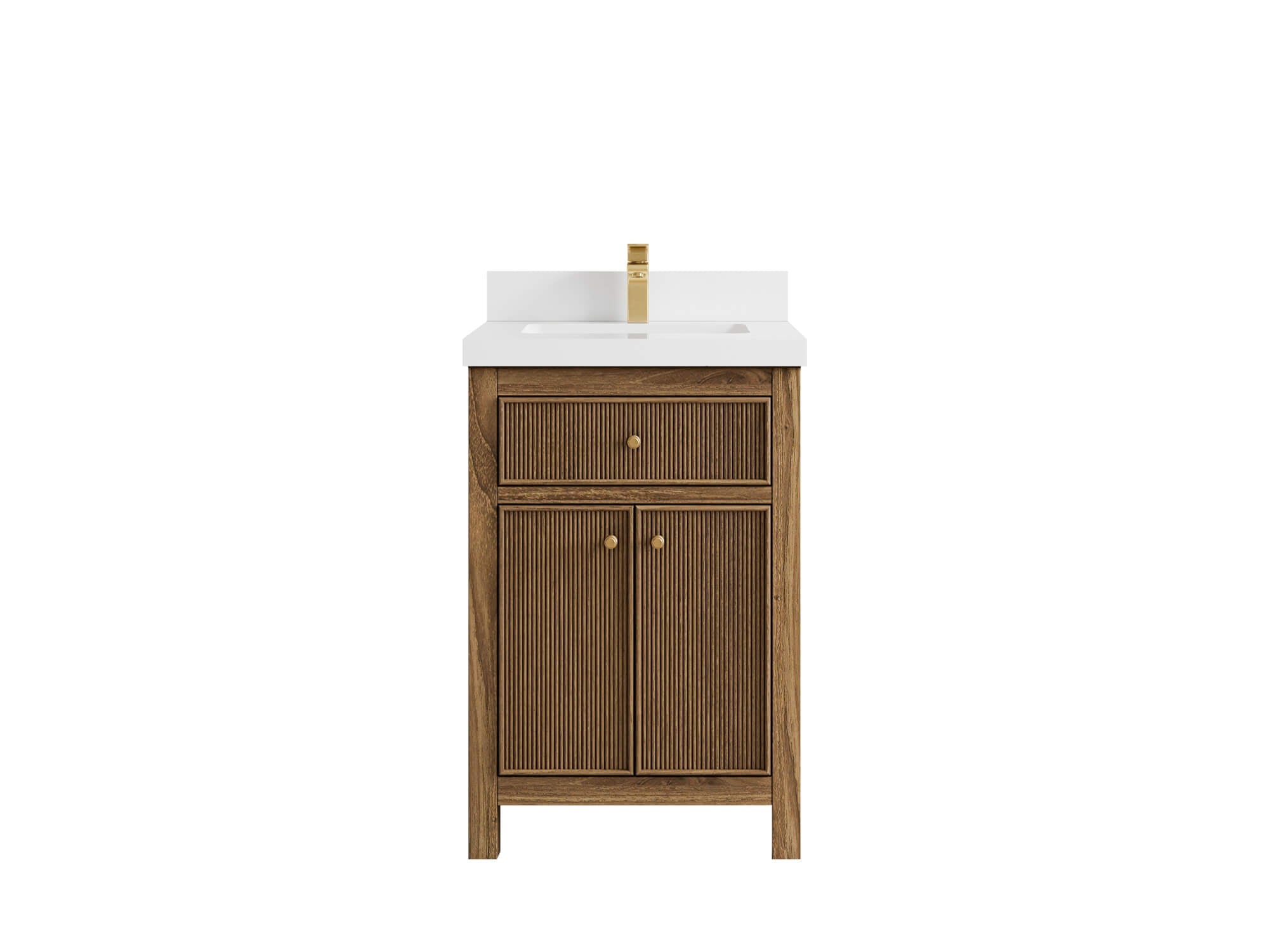 Sonoma Teak Wood 24-inch bathroom vanity in Dark Natural Teak with White Quartz countertop, faucet view