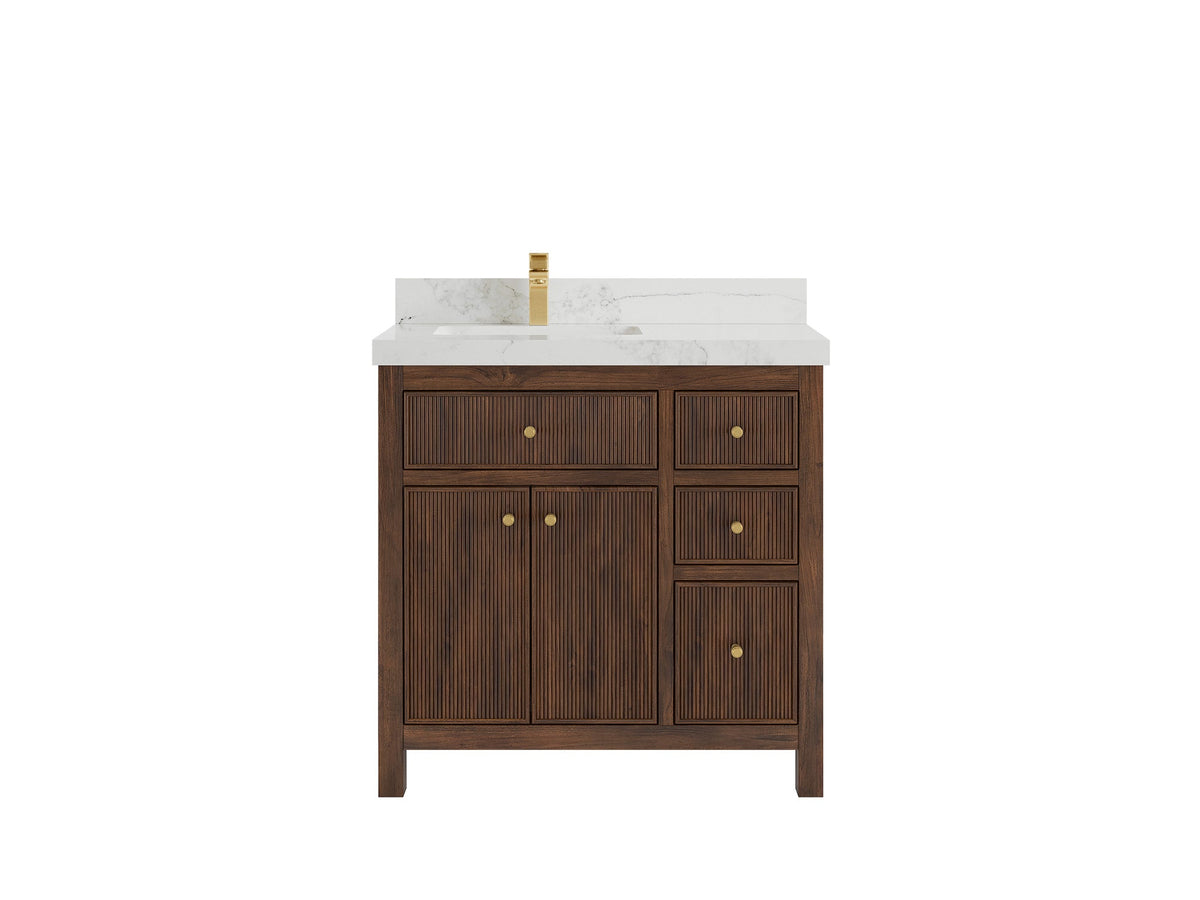 Sonoma Reeded Teak Wood 36 in. W x 22 in. D Left Offset Sink Bathroom Vanity