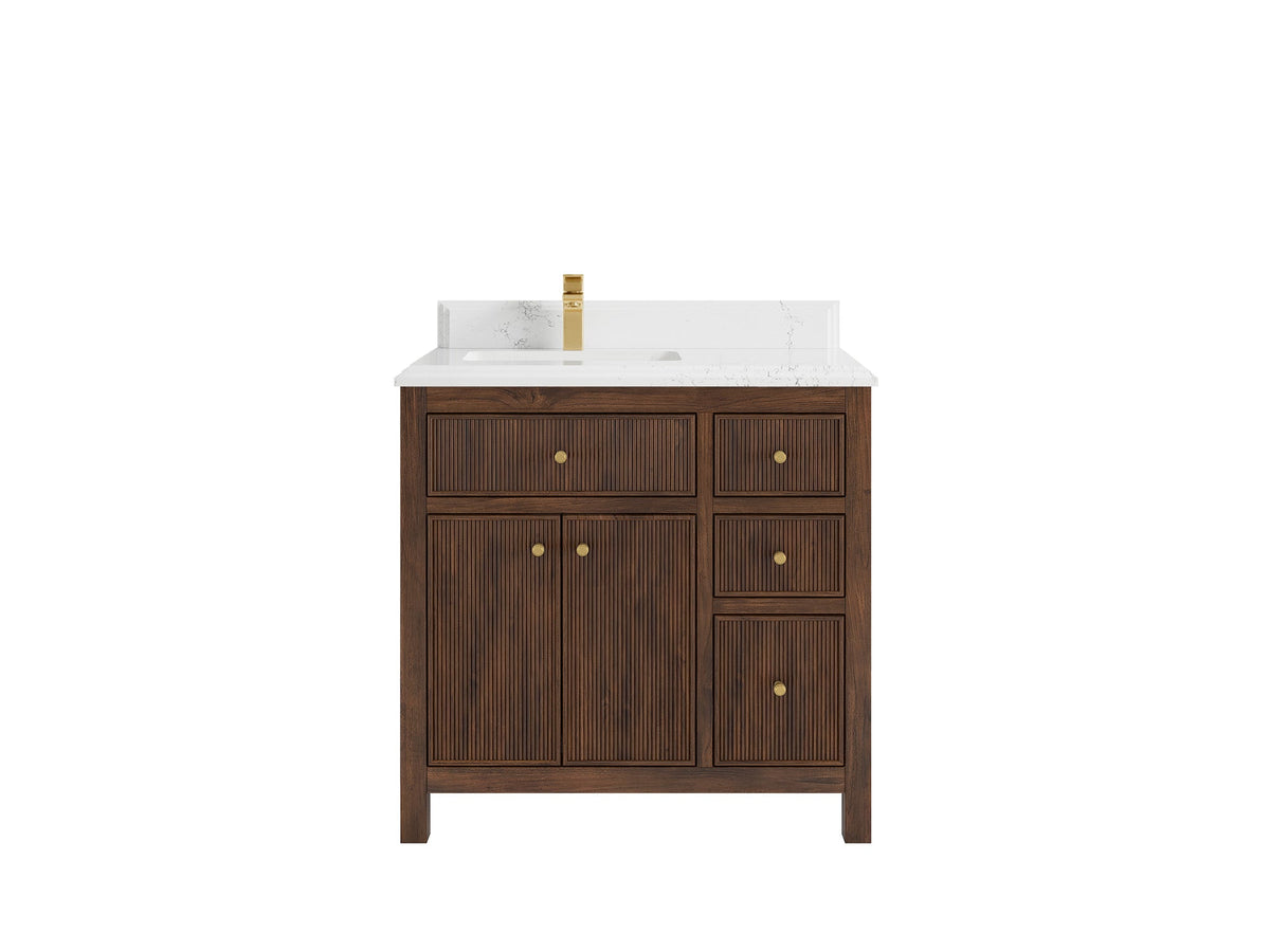 Sonoma Reeded Teak Wood 36 in. W x 22 in. D Left Offset Sink Bathroom Vanity