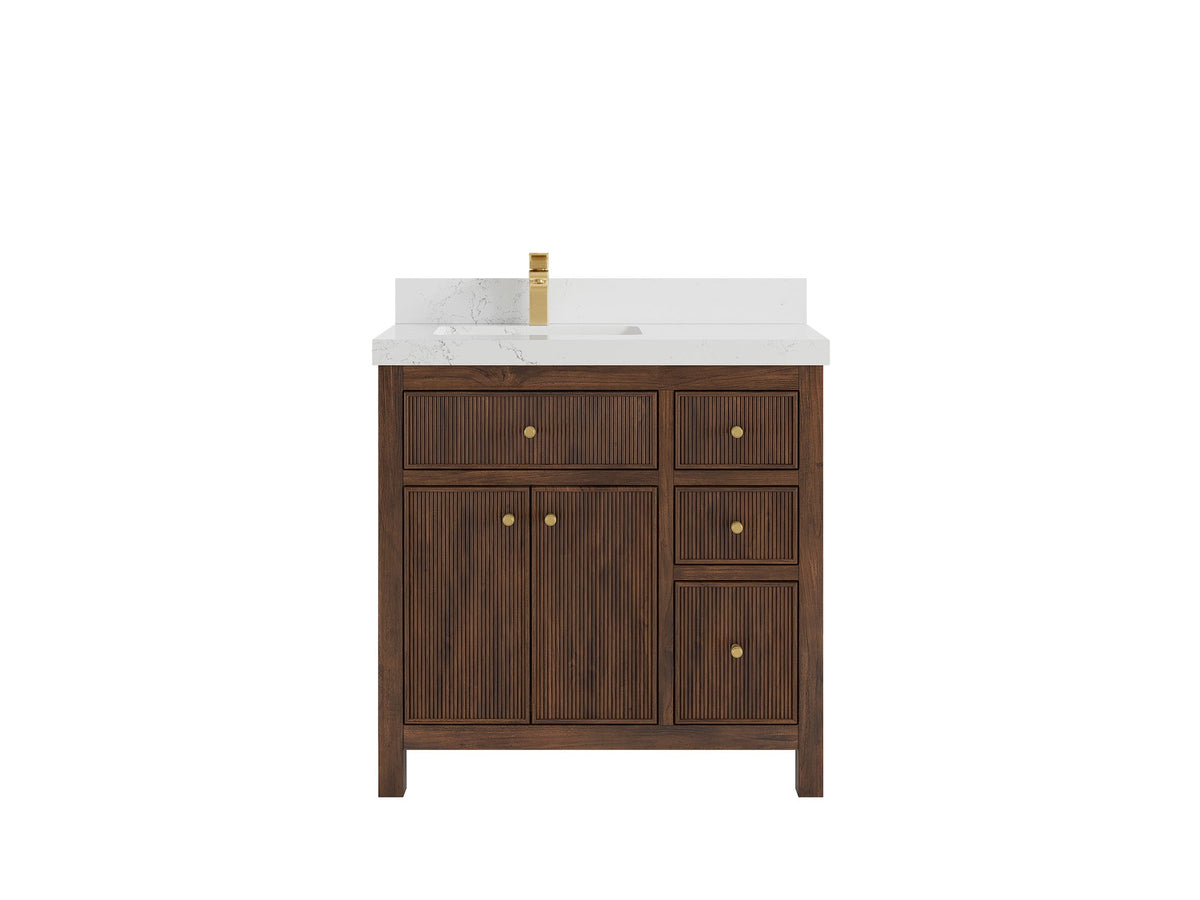 Sonoma Reeded Teak Wood 36 in. W x 22 in. D Left Offset Sink Bathroom Vanity