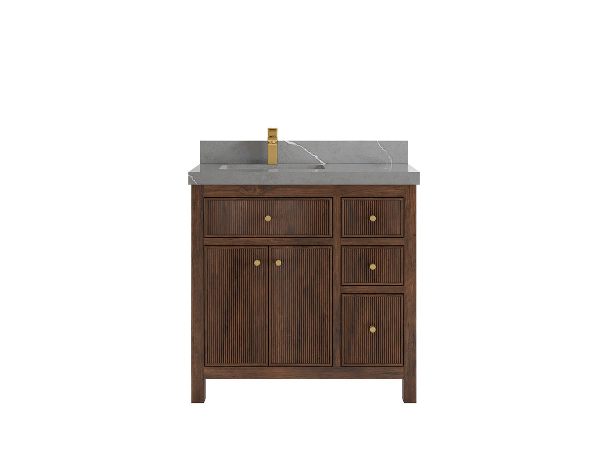 Sonoma Reeded Teak Wood 36 in. W x 22 in. D Left Offset Sink Bathroom Vanity