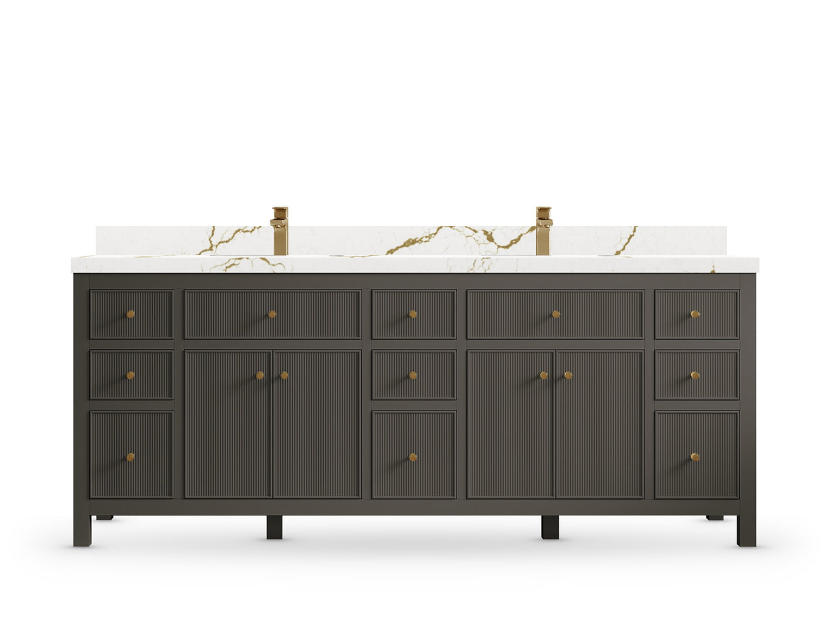 Sonoma 84 Urbane Bronze vanity with Berkshire Brass Quartz, Straight / Mitered, front view