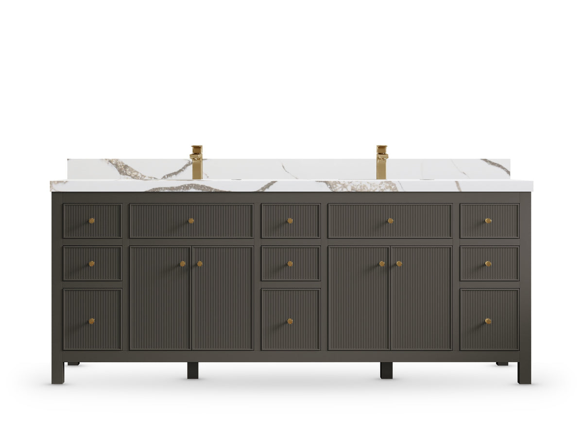 Sonoma 84 Urbane Bronze vanity with Calacatta Gold Quartz, Straight / Mitered, front view