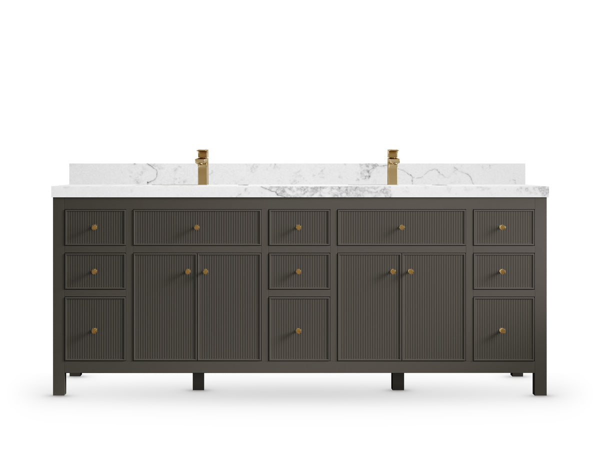 Sonoma 84 Urbane Bronze vanity with Calacatta Nuvo Quartz, Straight / Mitered, front view