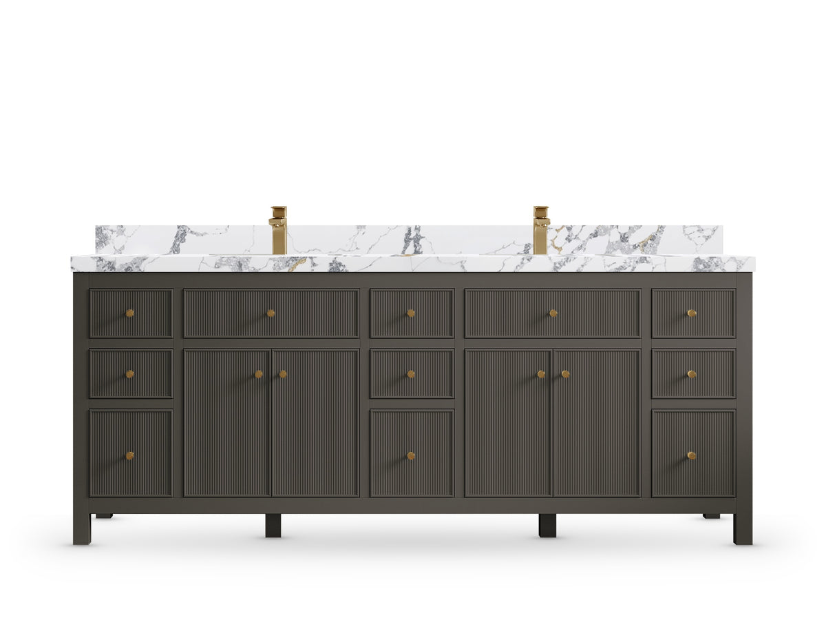 Sonoma 84 Urbane Bronze vanity with Calacatta Poanazzo Quartz, Straight / Mitered, front view
