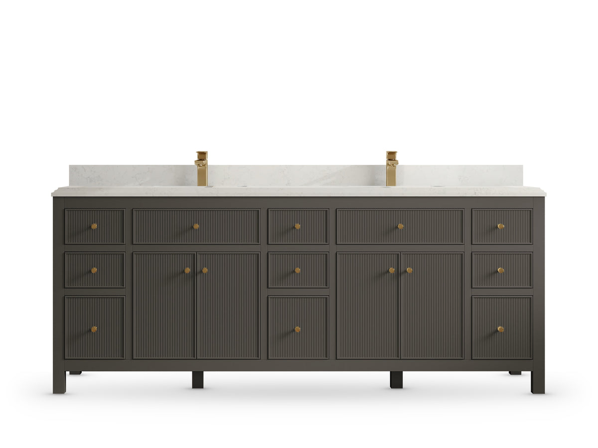 Sonoma 84 Urbane Bronze vanity with Carrara Quartz, Double Cove, front view