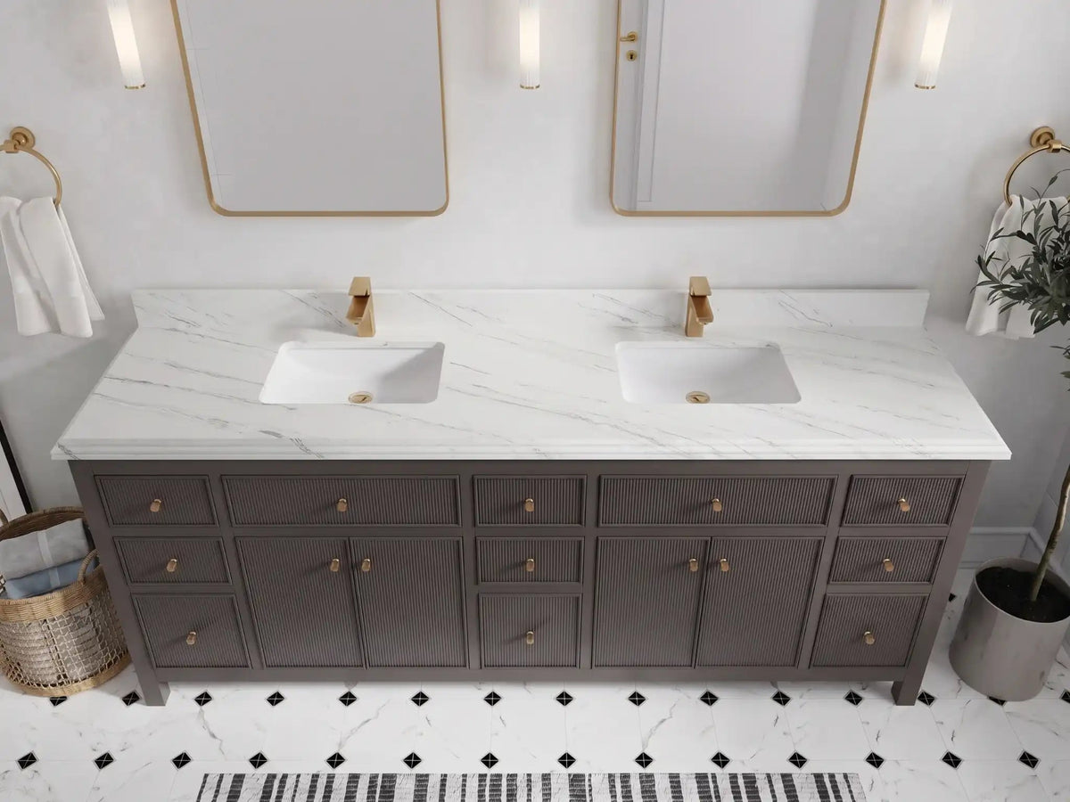 Sonoma 84 inch Urbane Bronze vanity with DC Palissandro Quartz, Double Cove, top view